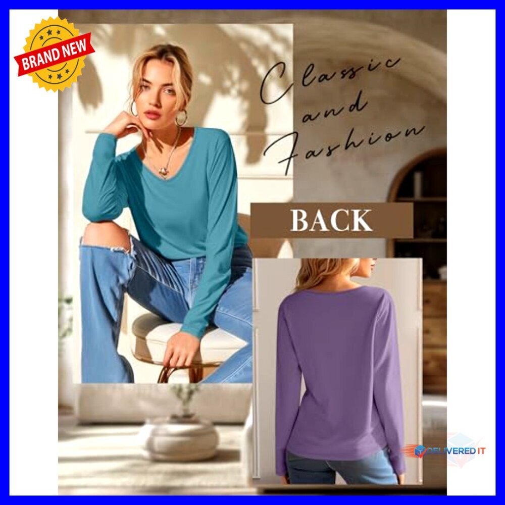 3 Pack Long Sleeve V-Neck T-Shirts, Loose Fit Casual Tops, Soft Polyester Blend - Picture 4 of 7